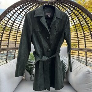 Kenar Women's 100% Suede Leather Coat‎ Size 8 Green Belted Mid Length Jacket